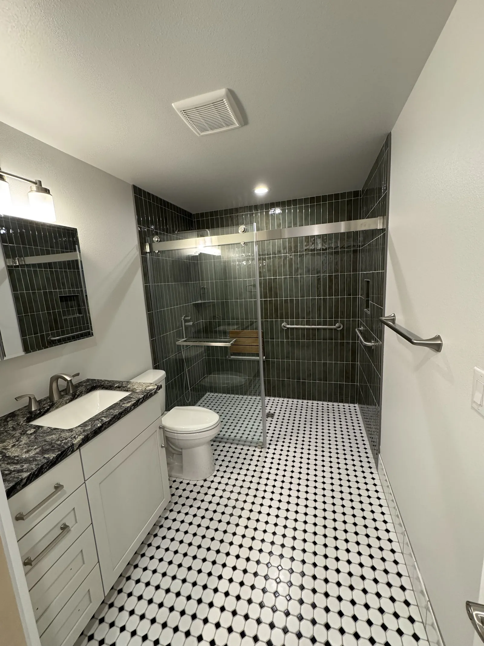 ADA bathroom. Roll-in shower