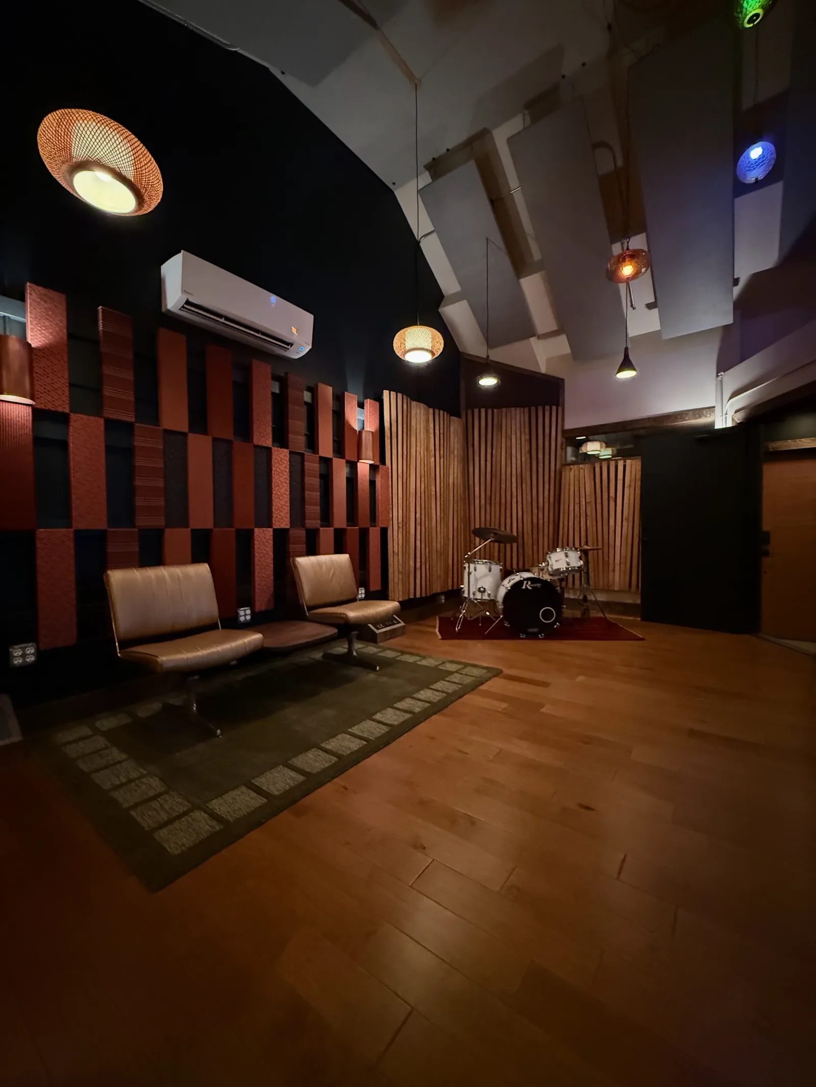 David Pollock Recording, Portland. The finished room: acoustic panels, ceiling clouds, mini-split