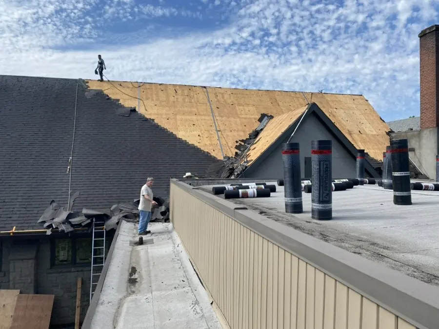 Church re-roof in progress, Portland